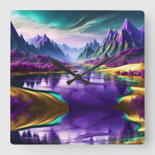 Horloge Carrée Glorieux paysage violet et or