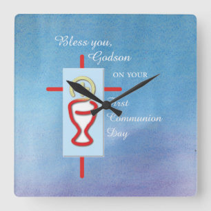 Horloge Carrée Godson, première communion sainte, bleu