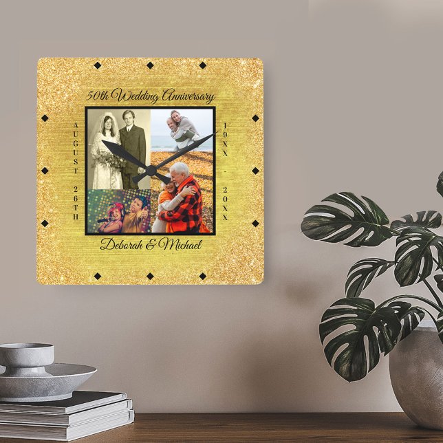 Horloge Carrée Gold 50e anniversaire Mariage photo personnalisée (Créateur téléchargé)