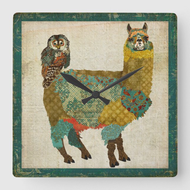 Horloge Carrée Gold Alpaca & Teal Owl Wall Clock (Recto)