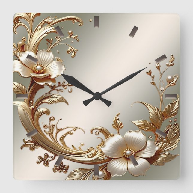 Horloge Carrée Gold Floral Wall Clock (Recto)