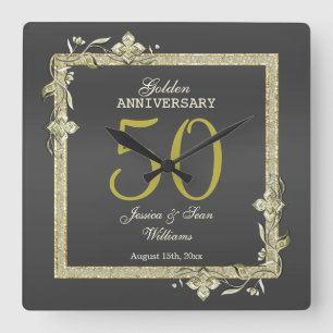 Horloge Carrée Gold Gem & Parties scintillant 50e Mariage d'or