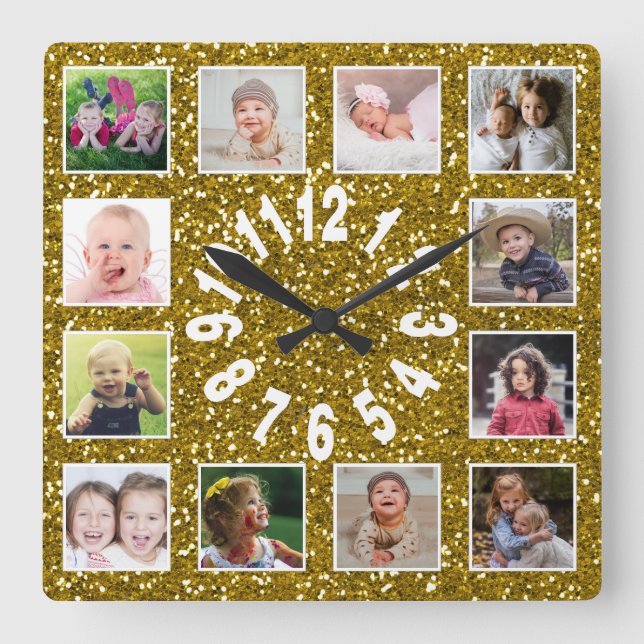 Horloge Carrée Gold Parties scintillant 12 Photo Collage (Recto)