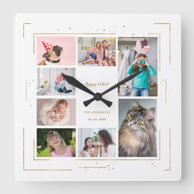Horloge Carrée Gold Parties scintillant Famille Photo Collage Joy (Recto)