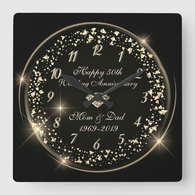 Horloge Carrée Gold Shiny Confetti, 50e anniversaire de Mariage n (Recto)
