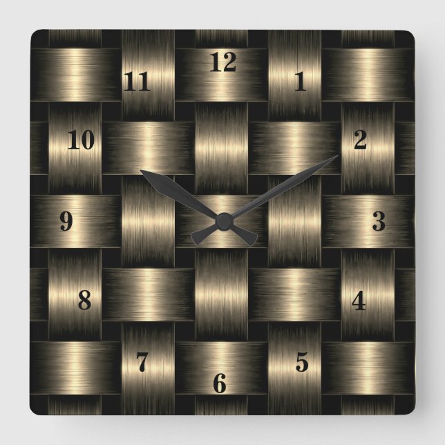 Horloge Carrée Gold Wall Clock Design en treillis - noir et or (Recto)
