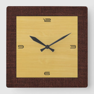 Horloge Carrée Gold Wood Grain Moderne Burlap Border