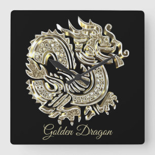 Horloge Carrée Golden Dragon Black and Gold Elegant Add Name