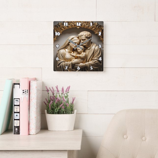 Horloge Carrée Golden Holy Family Mary, Joseph, and Jesus (Salle de lecture)