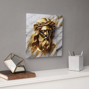 Horloge Carrée Golden Jesus Une présence divine en marbre