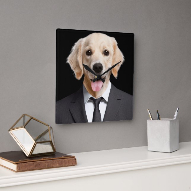 Horloge Carrée Golden Retriever en costume (Bureau)