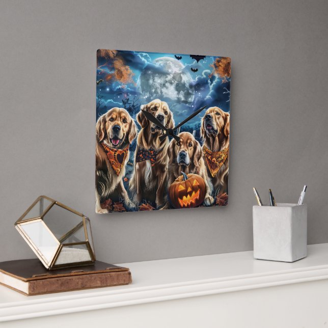 Horloge Carrée Golden Retriever Halloween Éffrayant (Bureau)