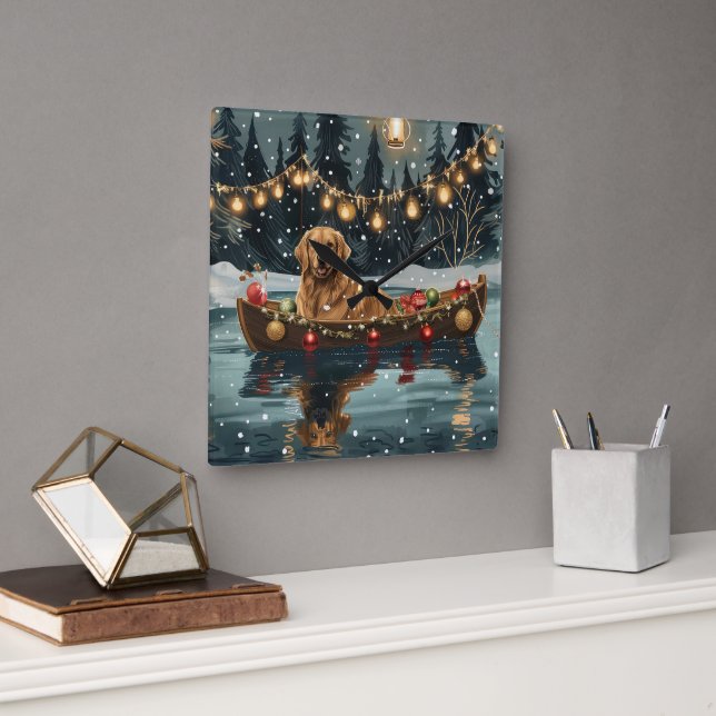 Horloge Carrée Golden Retriever Noël Festive Voyage (Bureau)