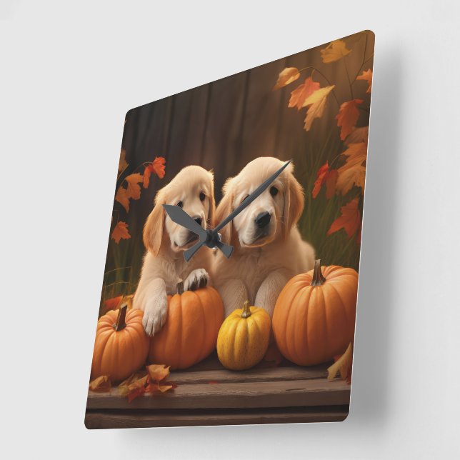 Horloge Carrée Golden Retriever Puppy Automne Citrouille de plais (Angle)