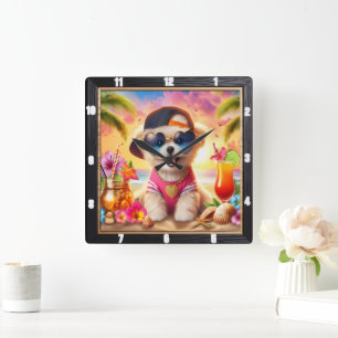 Horloge Carrée Golden Retriever Puppy Beach