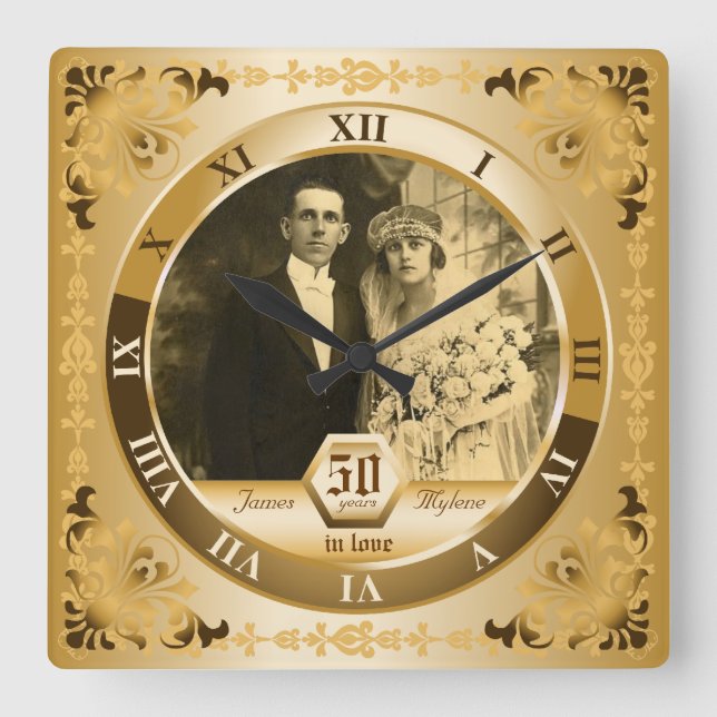 Horloge Carrée Golden Wedding Anniversary Customizable Photo pois (Recto)