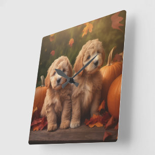 Horloge Carrée Goldendoodle Chiot Automne Citrouille délice