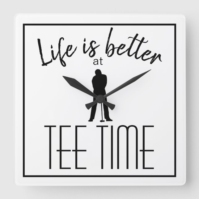 Horloge Carrée Golf Parcours Tee Time Blanc Noir (Recto)