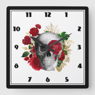 Horloge Carrée Goth Crâne avec Fleurs rouges et Feuilles d'or