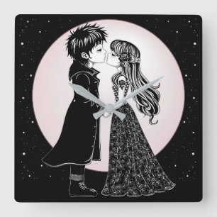 Horloge Carrée Gothique Emo Enfants Kiss Valentine's Day