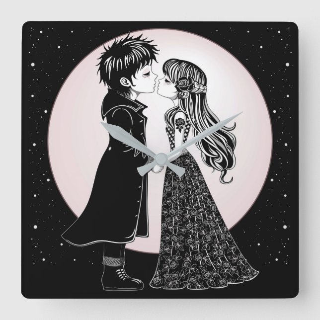 Horloge Carrée Gothique Emo Enfants Kiss Valentine's Day (Recto)