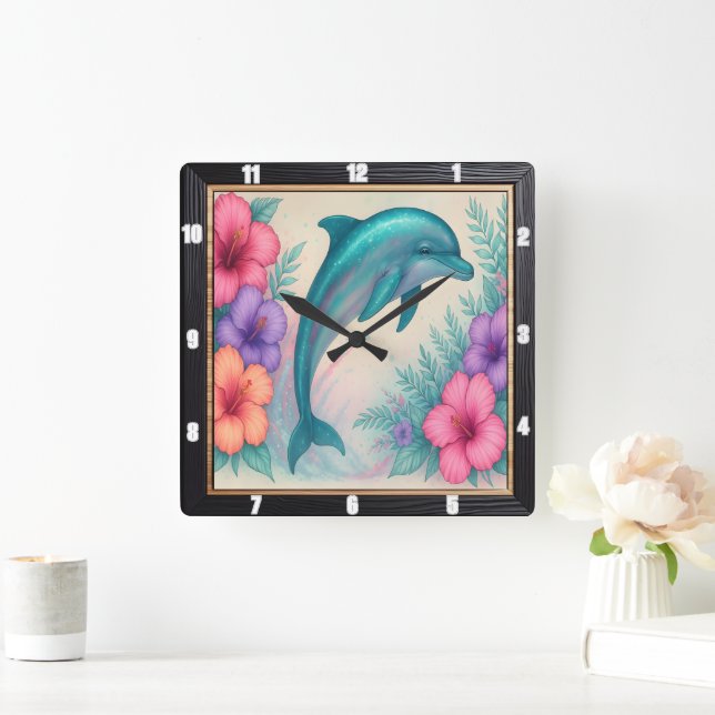 Horloge Carrée Gracity Dolphin Floral Art (Maison)