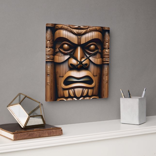 Horloge Carrée Grain de bois Nouvelle-Zélande Tiki, (Bureau)