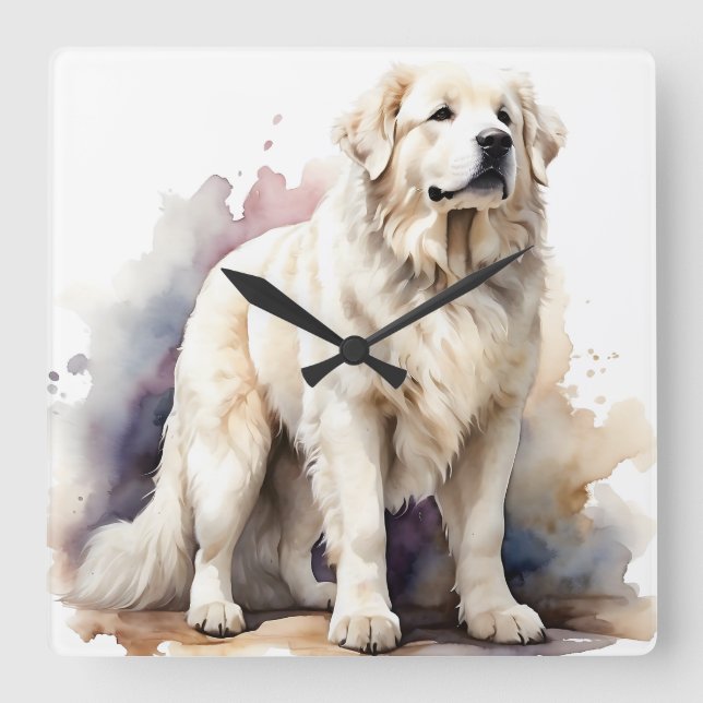 HORLOGE CARRÉE GRAND CHIEN BLANC FLUFÉ GRAND PYRENEES CHIEN (Recto)