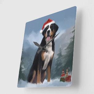 Horloge Carrée Grand Chien suisse de montagne à Noël de neige
