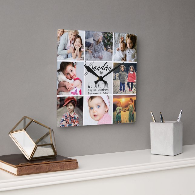 Horloge Carrée Grand-mère We Love You Photo Collage (Bureau)