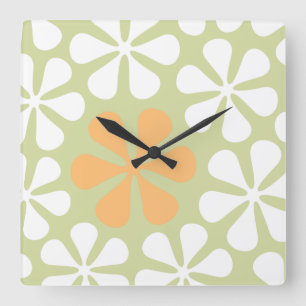 Horloge Carrée Grandes fleurs abstraites blanches et orange sur