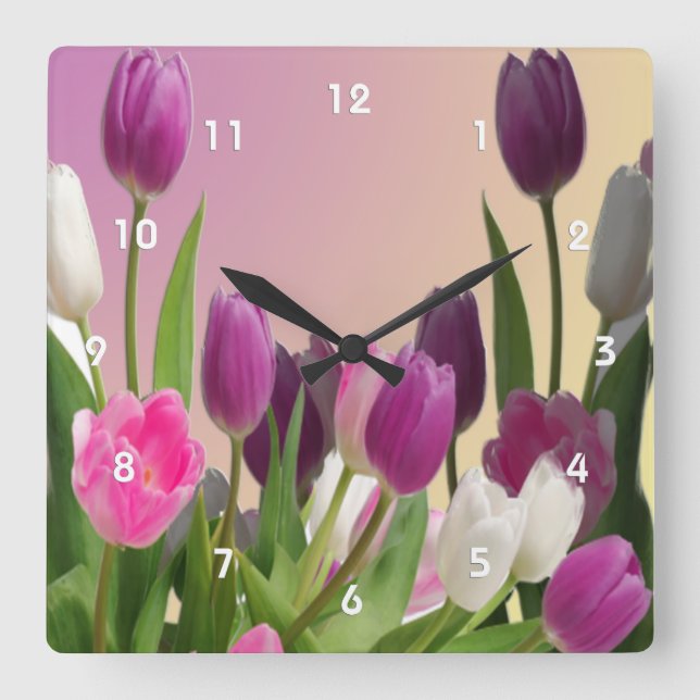 Horloge Carrée Grandes tulipes violettes et blanches (Recto)