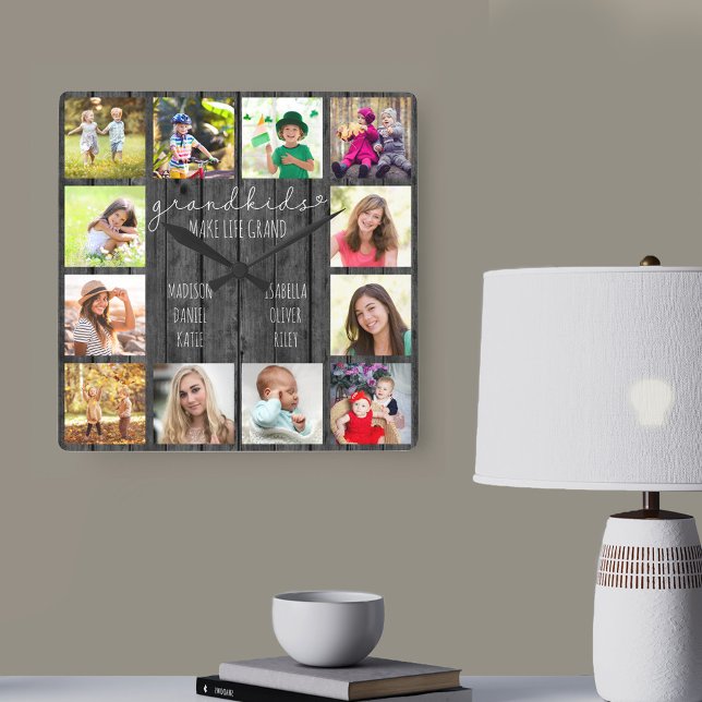 Horloge Carrée Grandkids Make Life Grand Quota 12 Photo Grey Wood (Gift for grandparents - photo clock with grandkids names and photos)