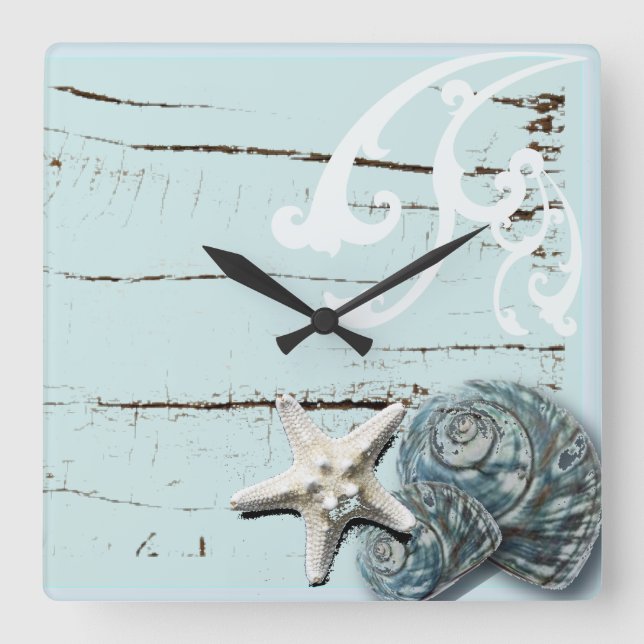 Horloge Carrée Grange côtière bois aqua bleu étoile coquillages (Recto)