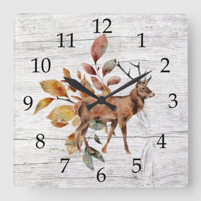 Horloge Carrée Grange rustique Bois de cerf Antlers Chute Folitin (Recto)