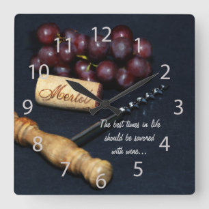 Horloge Carrée Grapes, wine bottle corks and corkscrew
