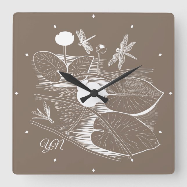 Horloge Carrée Graphique de nénuphars (Recto)