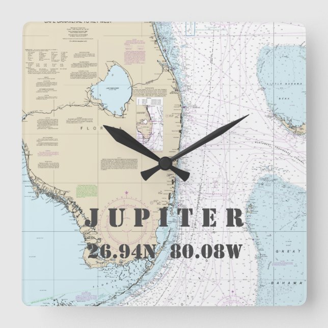 Horloge Carrée Graphique Nautique Jupiter FL Latitude Longitude (Recto)