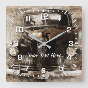 Horloge Carrée Graphique vintage de voiture votre texte
