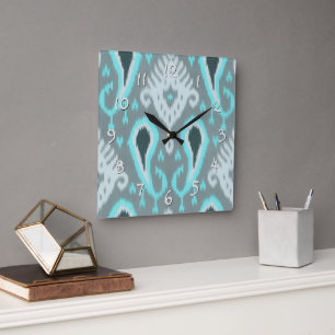 Horloge Carrée Gras Turquoise bleu gris Ikat Motif d'art tribal