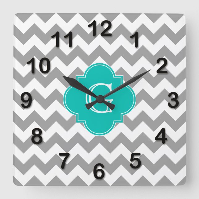 Horloge Carrée Gray Wht Chevron ZigZag Turquoise Quatrefoil Monog (Recto)
