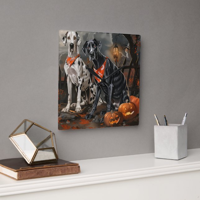 Horloge Carrée Great Dane Halloween Éffrayant (Bureau)