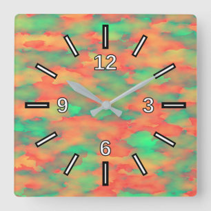 Horloge Carrée Green, Red Watercolor-Like Abstract Pattern