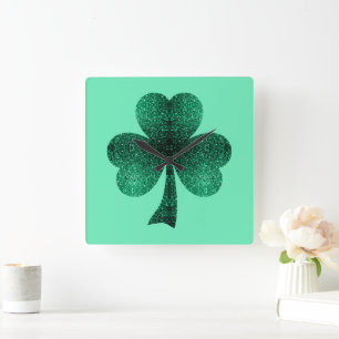 Horloge Carrée Green Sparkles Shamrock St Patrick' Day turquoise