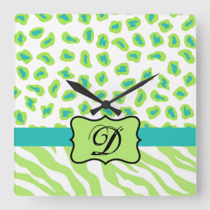 Horloge Carrée Green White Zebra Leopard Skin Monogram
