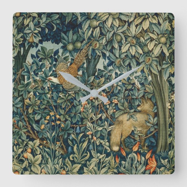 Horloge Carrée GREENERY, FOREST ANIMALS Pheasant, Fox, Green Flor (Recto)