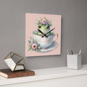 Horloge Carrée Grenouille Fantaisiste dans une Tasse à Thé Floral