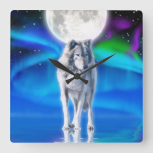 Horloge Carrée Grey Wolf & Aurora Moon Wildlife Art Clock