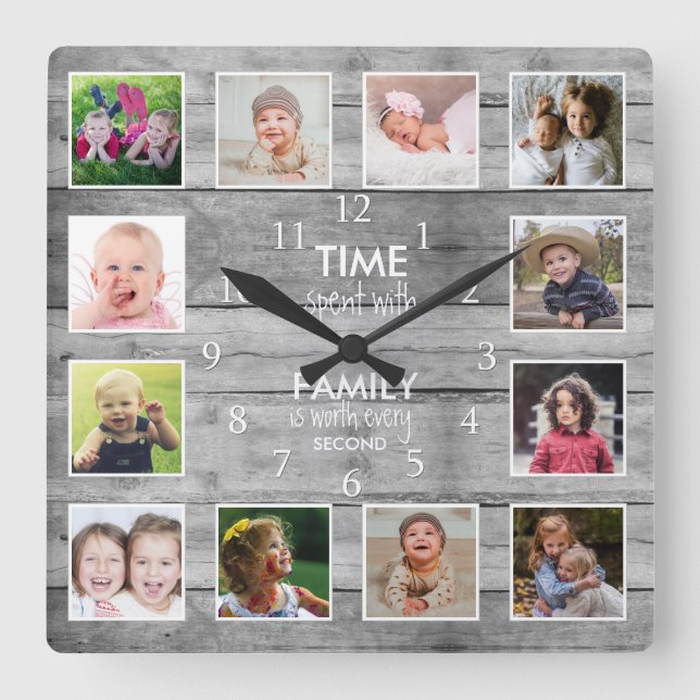 Horloge Carrée Grey Wood 12 Modèle photo Temps Famille Citation (Recto)