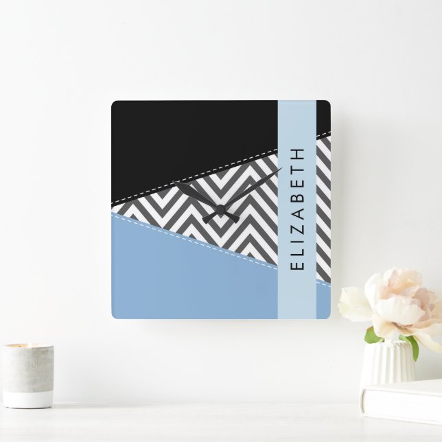 Horloge Carrée Grey Zigzag, Grey Chevron, Bleu, Votre Nom (Maison)